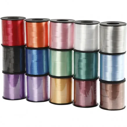Cinta de regalo, colores surtidos, A: 10 mm, brillante, 50 m/15 uds.